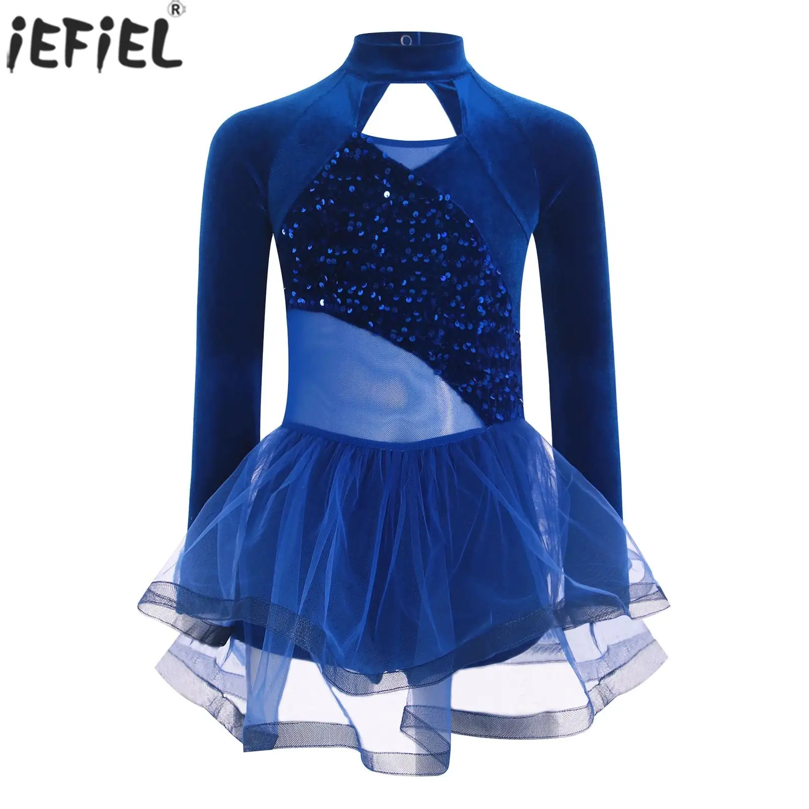 

Kids Girls Figure Skating Gymnastic Performance Costume Sparkling Sequin Long Sleeve Velvet Mesh Ballet Dance Tutu Dress Leotard