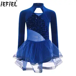Kids Girls Figure Skating Gymnastic Performance Costume Sparkling Sequin Long Sleeve Velvet Mesh Ballet Dance Tutu Dress Leotard
