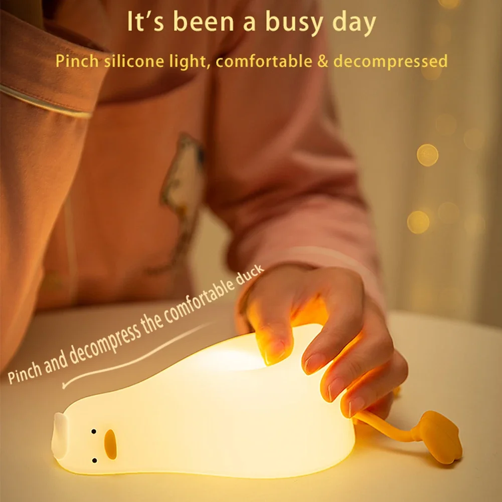 Lying Flat Duck Night Light LED Squishy Duck Lamp Cute Light Up Duck Silicone Rechargeable Dimmable Nursery Nightlight Decor