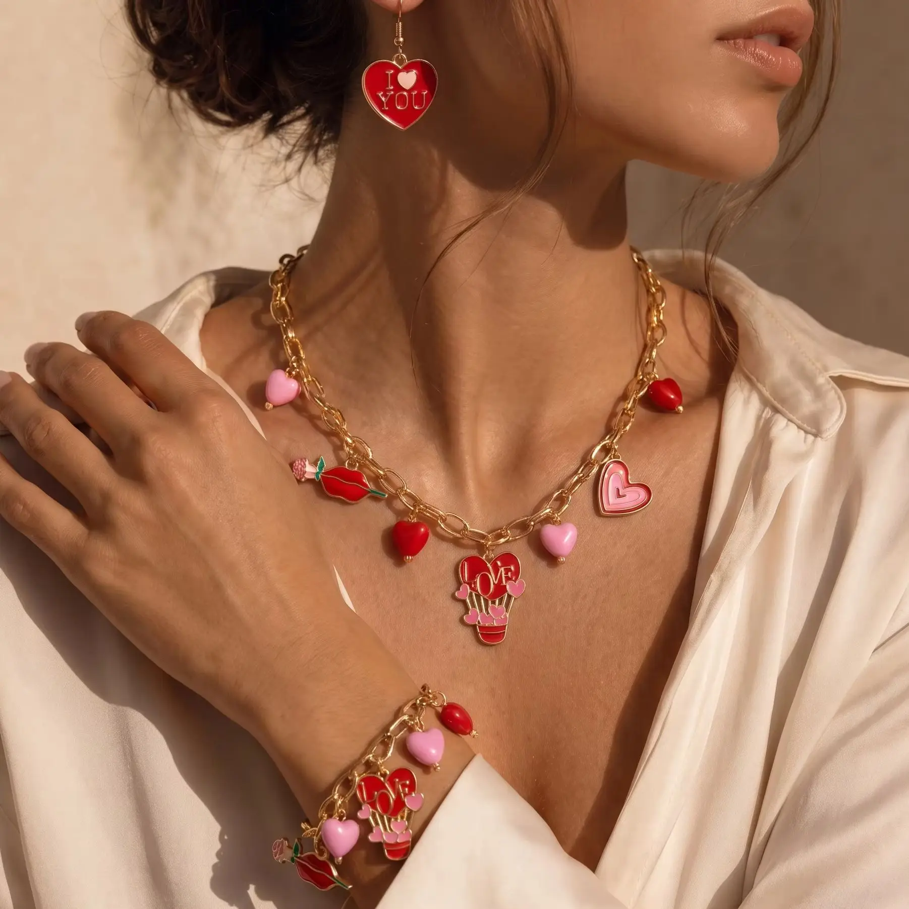 Valentine Heart Flower Lip Necklace Bracelet Earrings for Women Dopamine Hot Air Balloon Love Letter Party Jewelry Set Gift