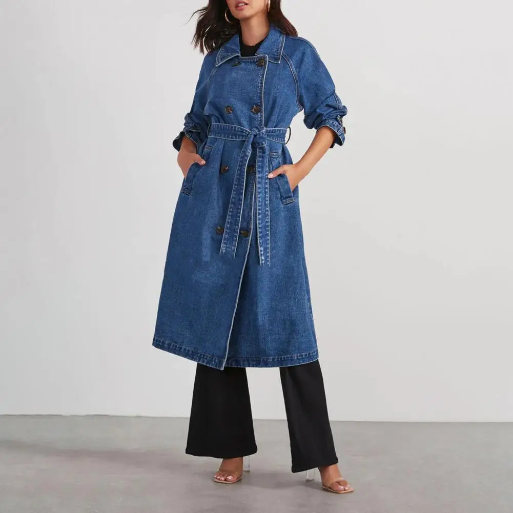 Women Denim Jacket Double-breasted with Side Pockets Lace-up Tie Waist Mid Length Solid Color Turn-down Collar Overcoat Streetwe
