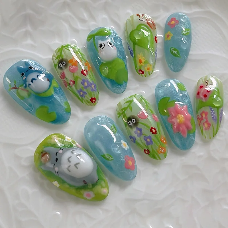 

24Pcs Long Almond Press on Nails - 3D Cartoon Frog Design with Ocean, Green Grass, Red Flowers and Bubbles