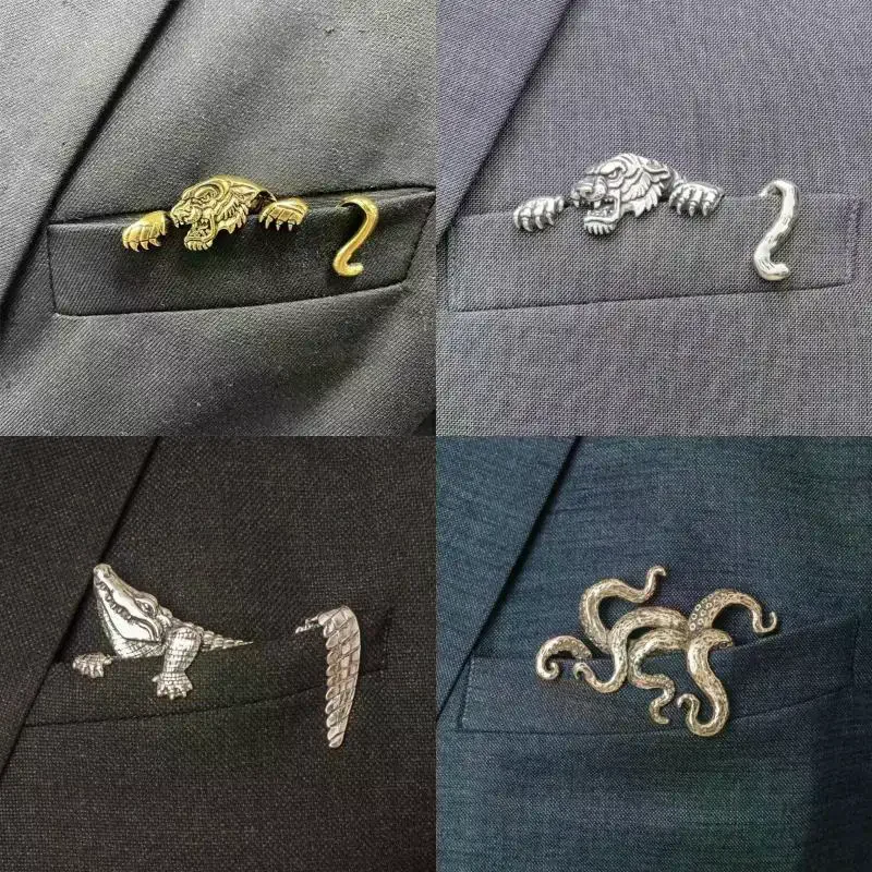 Durable Zinc Alloy Vintage Crocodile Tiger Shaped Engraved Men's Suit Lapel Pin Classic Formal Accessory Pins For Men Suits view 3