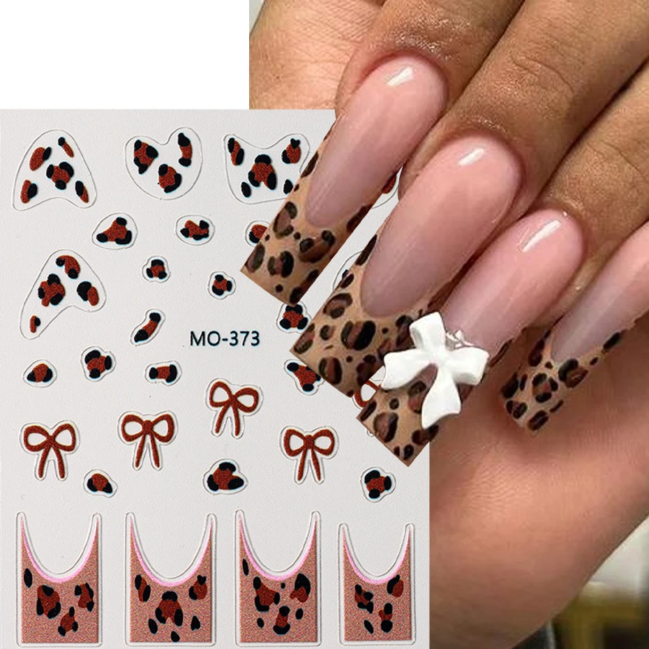 French Nail Stickers Cheetah Tip Design Slider Holographic Self-Adhesive Bow Leopard Decals Manicure Art Supplies And Decoration