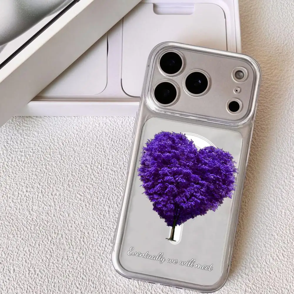 Purple Heart Shaped Tree Phone Case For IPhone18 17 16 15 14 13 12 Pro Max Plus Magnetic Crystal Clear Case Wireless Charge