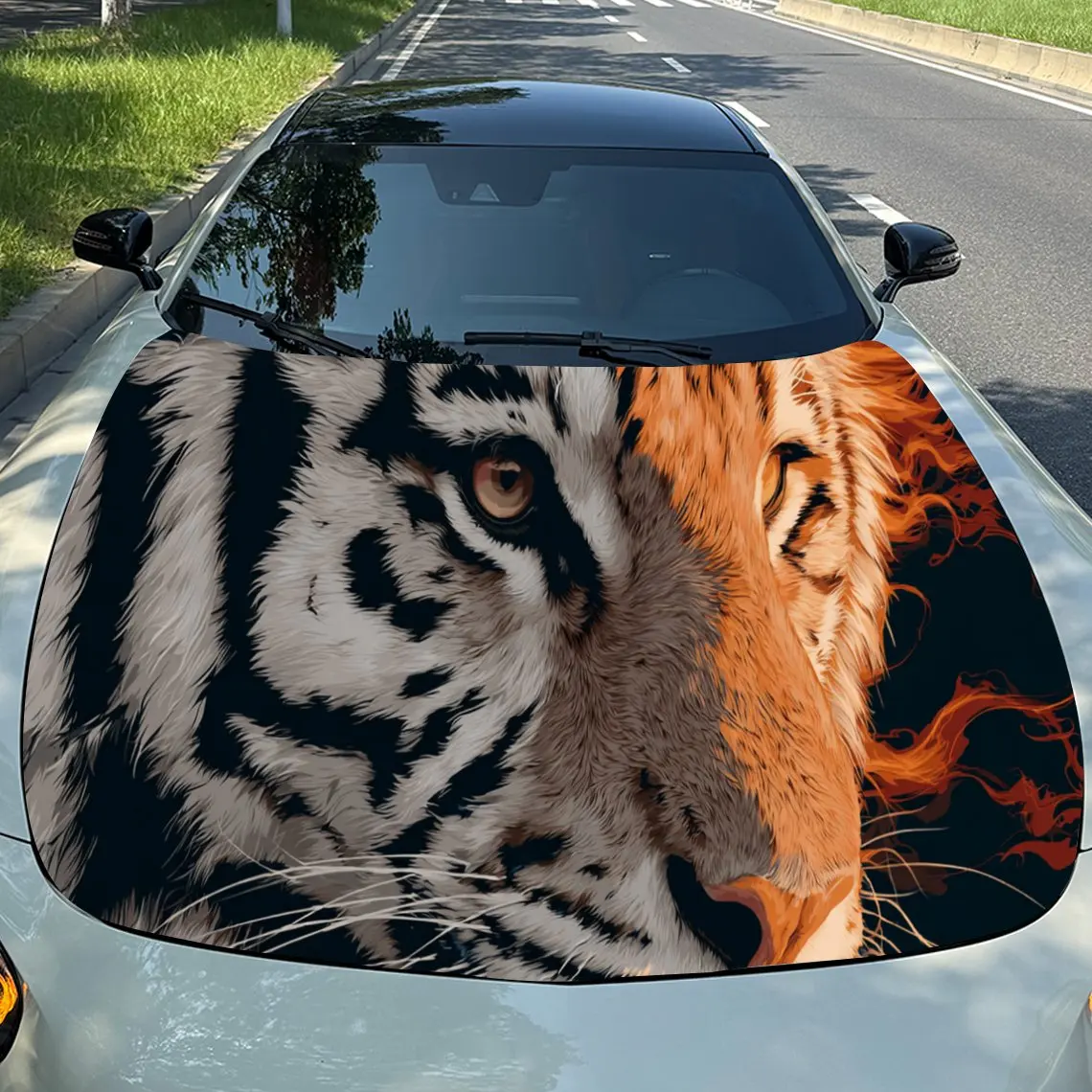 

Mighty Tiger Flame PVC Car Vinyl Wraps, Self-Adhesive Waterproof Car Hood Decal Sticker, Car Decoration Protection Stickers for