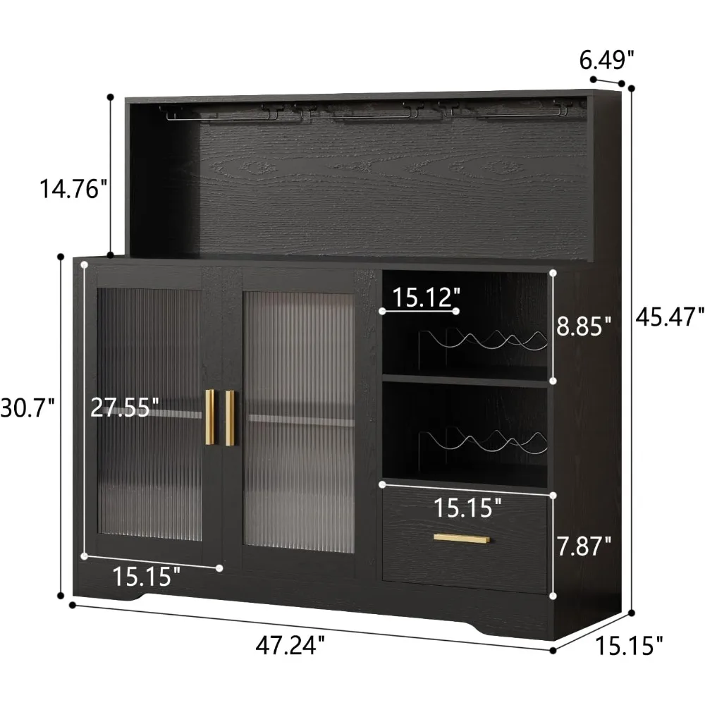 Wine Bar Cabinet with LED Light,with Wine and Glass Rack, Modern Kitchen Coffee Bar Cabinet with Storage, Buffet Sideboard