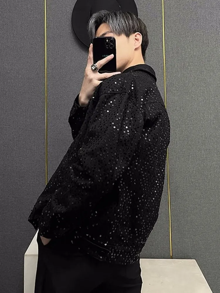 High Street Men Spring New Loose Fit Shiny Sequins Black Denim Jacket Fashion Oversized Party Outwear Coat Casual Male Jackets