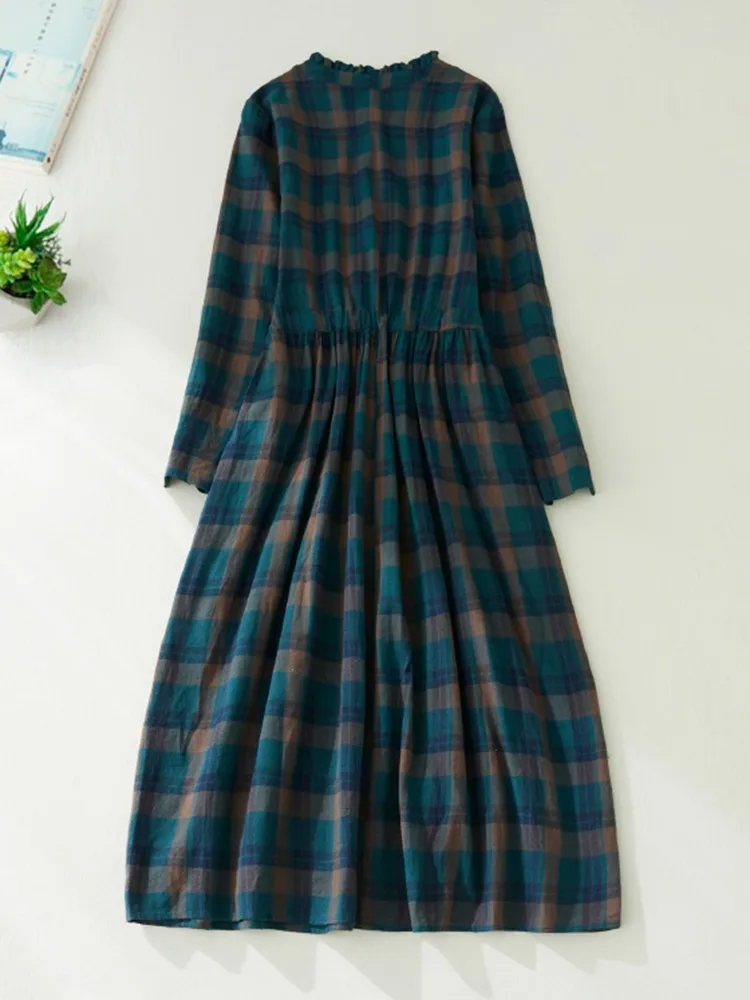 Women Casual Dress New Arrival 2022 Autumn Vintage Style Plaid Pattern Loose Comfortable Cotton Female A-line Long Dresses B2169