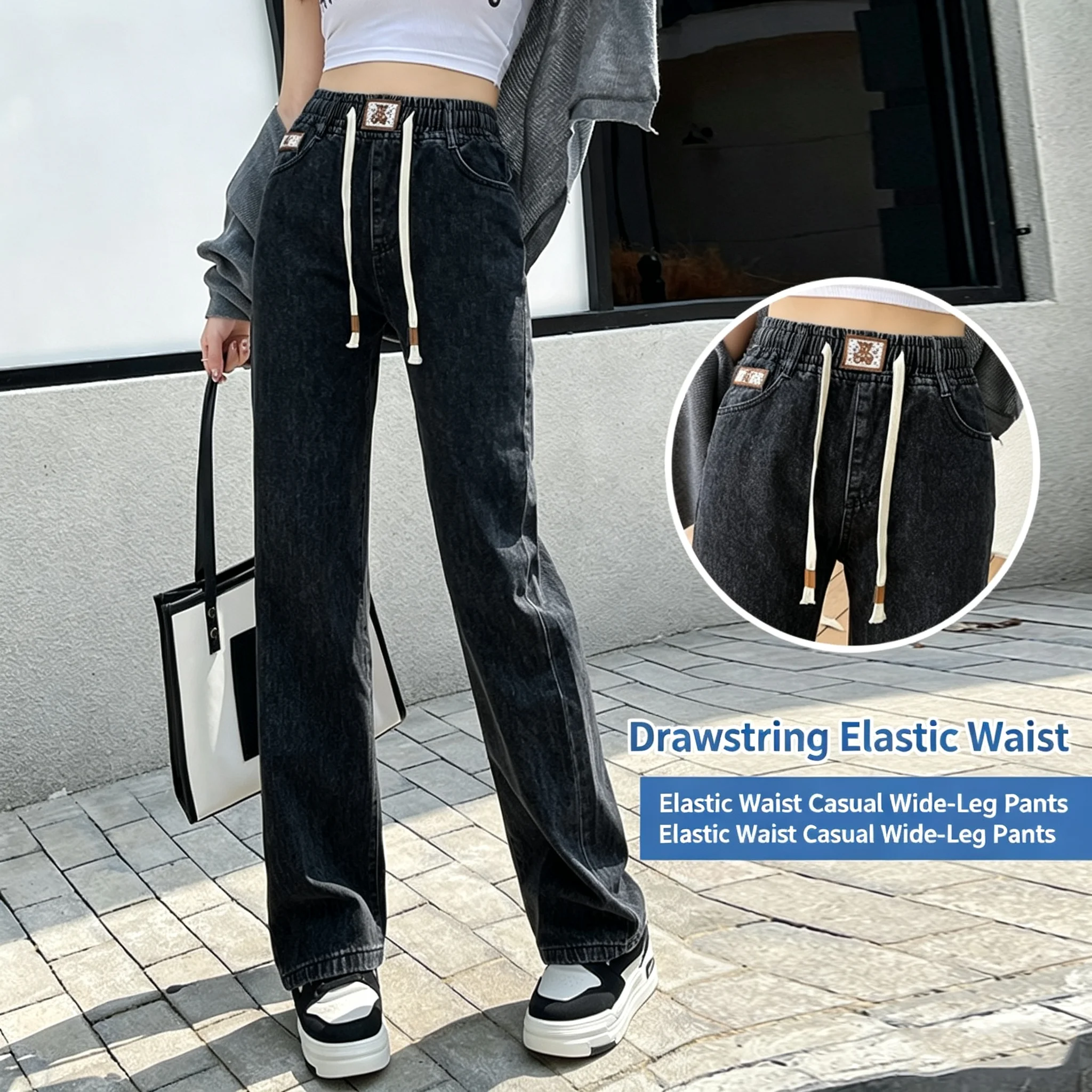 Women Thick Fleece Lined Denim Wide Leg Pants, Korean Elastic Waist Slim Drape Straight Harem Jeans Casual Winter Daily Trousers