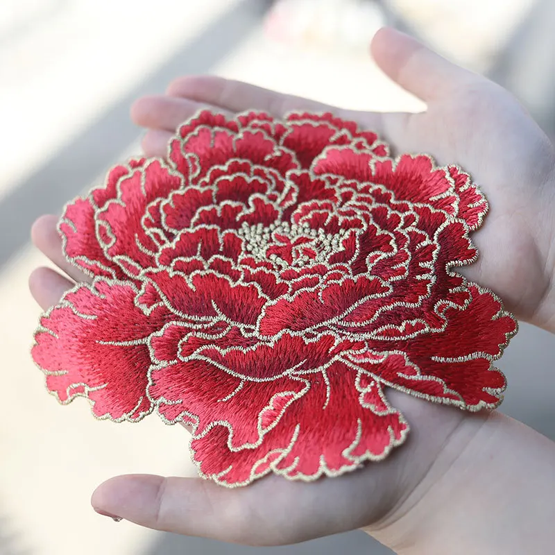 1 Piece 17*14.5cm Blue Pink Green Red Peony Embroidery Patch Applique Sew on Patch for Evening Dress Bag DIY Accessories