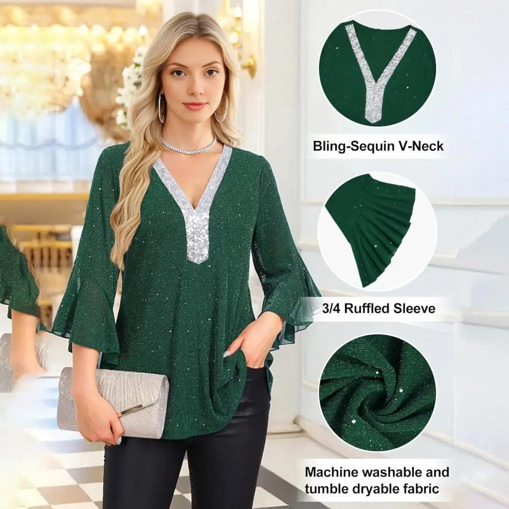 Women's Pure Color Mesh Silver Glitter Patchwork Breathable Party V-neck 3/4 Sleeve Seven Sleeve Polyester Top - view 4