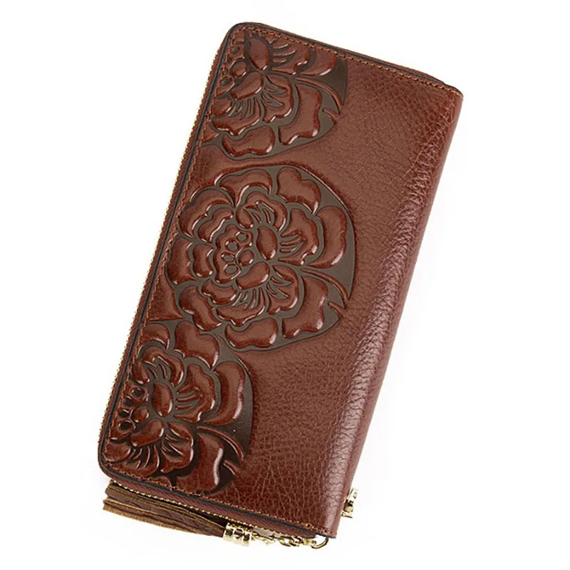 2026 New Genuine Leather Purse Women Floral Real Cow Leather Wallet Big Female Card Holder Clutch Bag With Wristlet