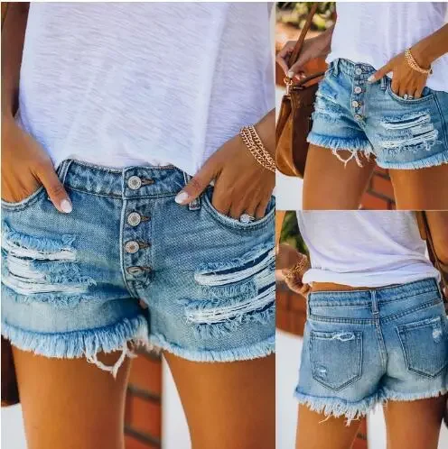 Denim Shorts Holes Single Breasted Sexy Women Jeans Slim Fit Tassel Washing Pockets Solid Streetwear Button High Waist 2025