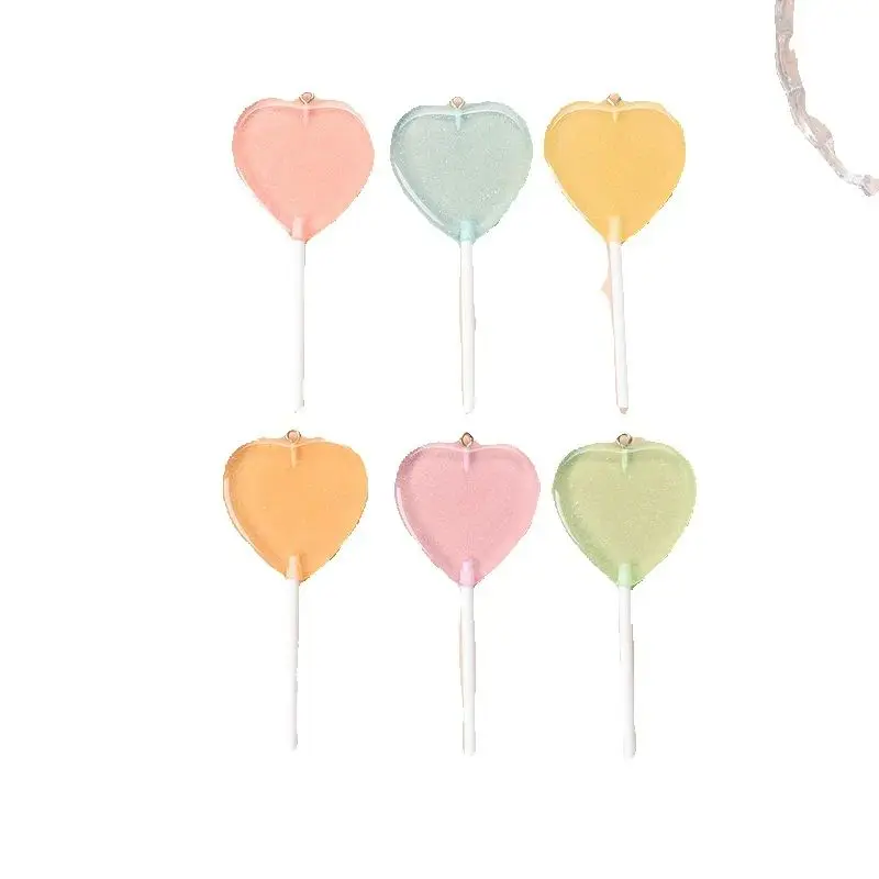 6Pcs Resin Flatback Heart Glitter Lollipop Candy Accessories For Necklace Keychain Pendant DIY Making