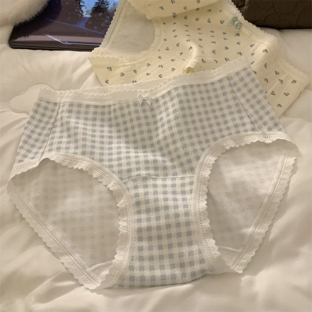 

Cute Mid-waist Underwear for Women Bear Grid Sweet Floral Panties Bow Underpants Cotton Briefs Lady
