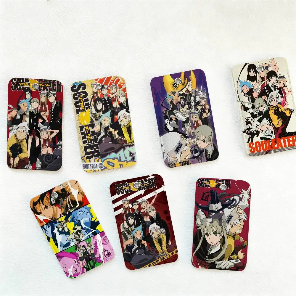 S-Soul Eater Anime 1Pc PU Leather Card Holder Keychain Key Ring Door Lock Access Tags ID Card Case Keychain Card