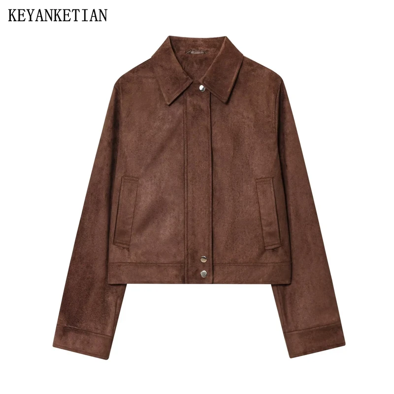 

KEYANKETIAN Autumn And Winter New Women's Collar Long Sleeved Zipper Suede Pilot Short Jacket Women Coat