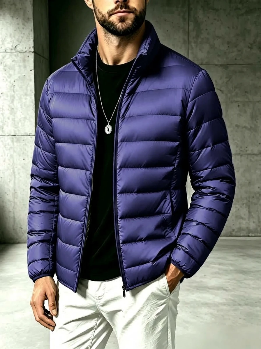 Men Lightweight Stand‑Collar Puffer Jacket Full Zip Casual Solid Color Warm Padded Outerwear for Fall Winter