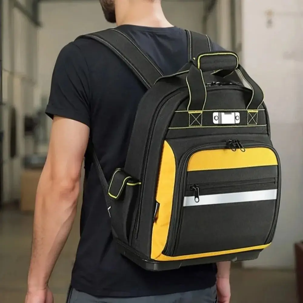 Multiple Pockets Tool Backpack 1680D Oxford Molded Base Large Capacity Tool Bag Organizer Laptop Compartment Easy Carrying