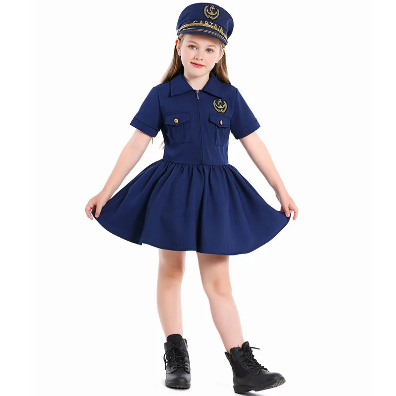

Color Foreign Trade Children's New Models, Girls Cosplay Professional Experience Clothing Navy Blue Captain Dress