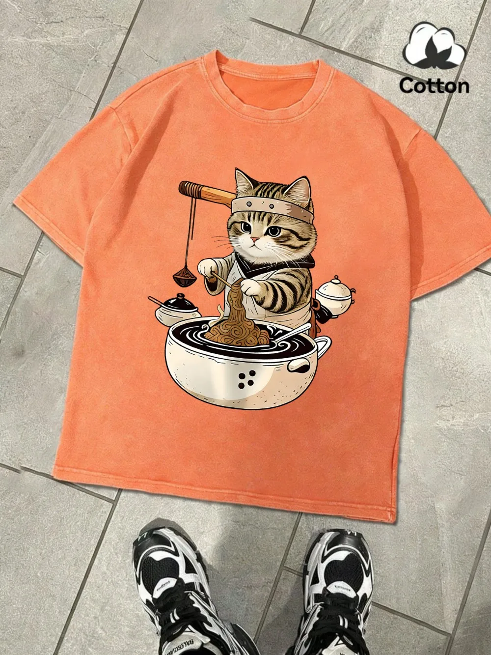 Camisetas con estampado de Cat Making Lamian Noodles, camisetas de algodón de gran tamaño para hombre, camisetas de verano con cuello redondo y manga corta, ropa básica para hombre