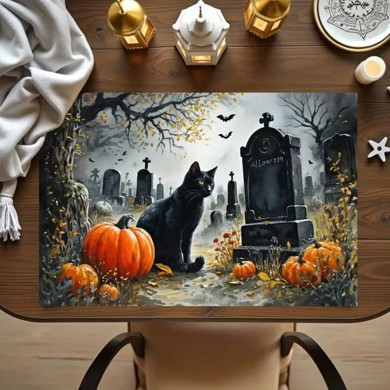 Halloween Graveyard Black Cat Pumpkin Bat Linen Placemats Spooky Vintage Holiday Heat‑Resistant Table Mats