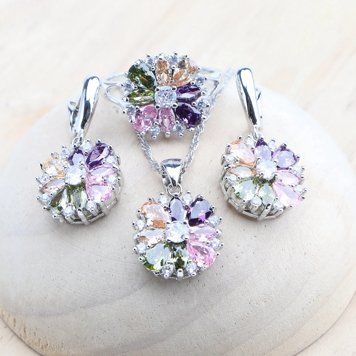 Bridal Jewelry Sets Silver 925  Flower Colorful Zircon Bracelets Earrings Rings Pendant Wedding Necklace Set Jewelry For Women