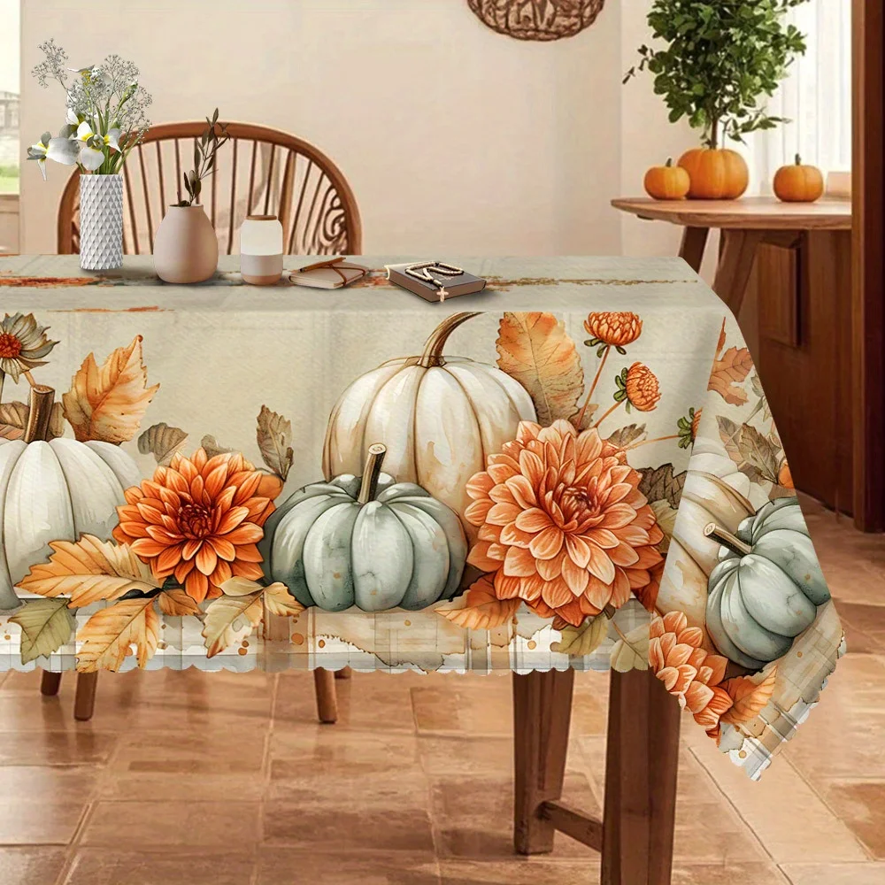 Autumn Joy Tablecloth, with a vintage pumpkin flower and maple leaf pattern design.