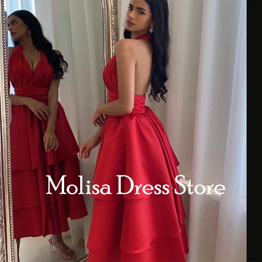 Sexy Halter A-Line Red Satin Prom Dress for Women Ankle-length Evening Party Gown Formal Occasion Dresses  فساتين السهرة