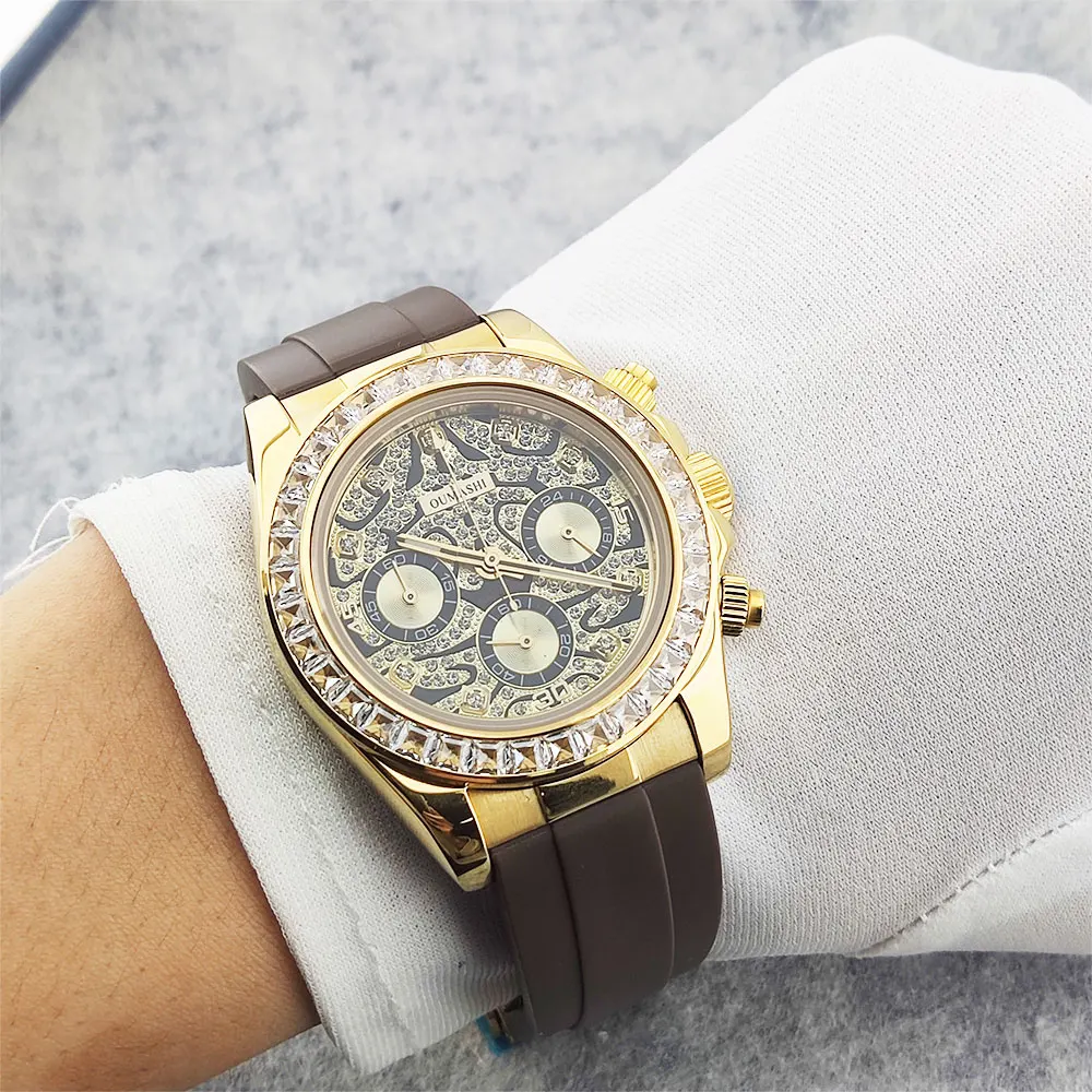 39.5mm luxury men's watch VK63 movement chronograph tiger pattern full diamond dial diamond bezel men's custom watch