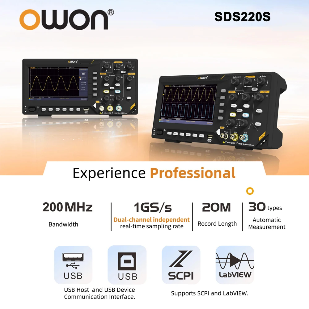 OWON SDS220S 200MHz tweekanaals digitale opslagoscilloscoop met 25MHz willekeurige golfvormgenerator Onafhankelijke 1GSa/s sampling