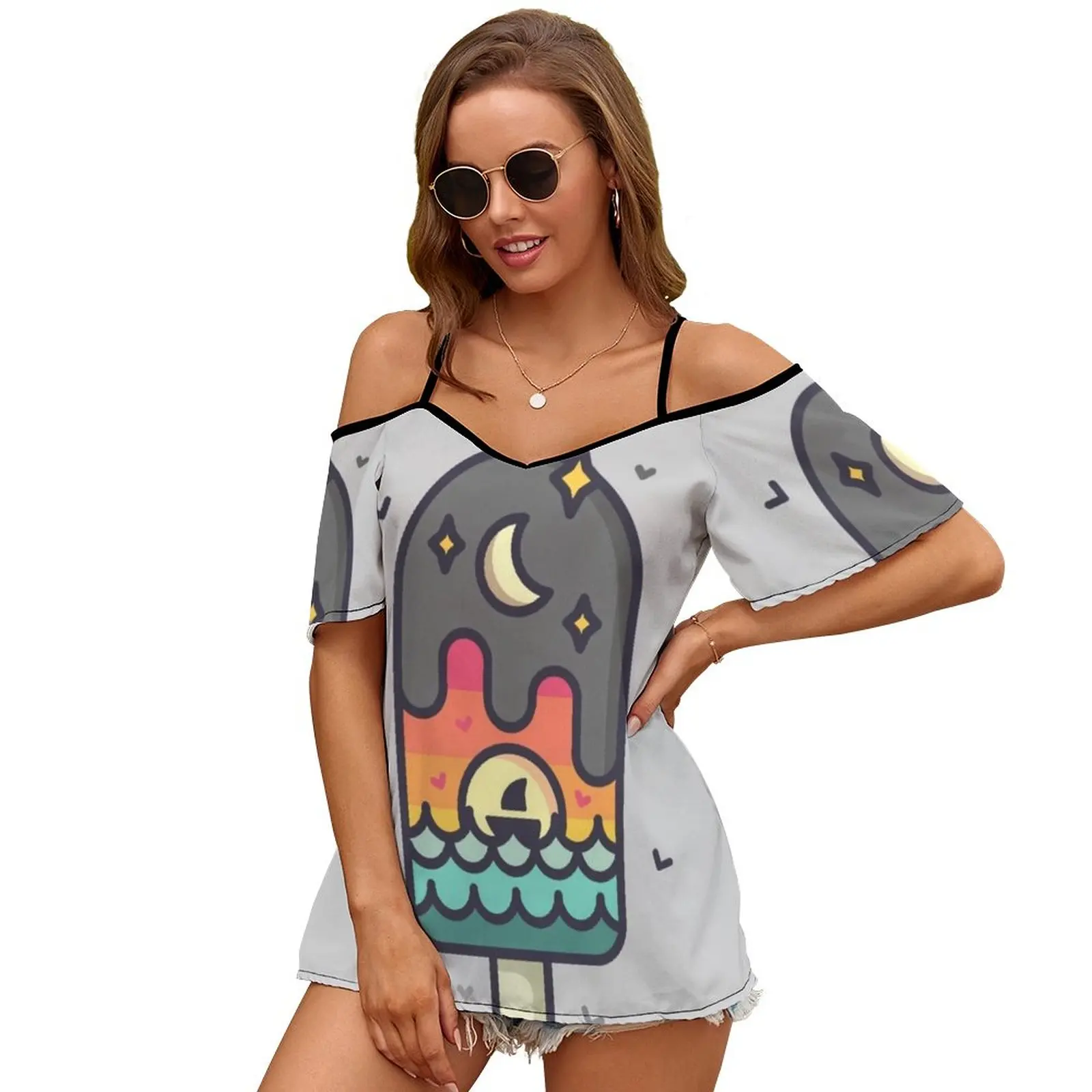 Popslice Surrealism Women Short Sleeve Tops O-Neck Hollow Out Shoulder Strap Tees Streetwear Popslice Summer Landscape Birds