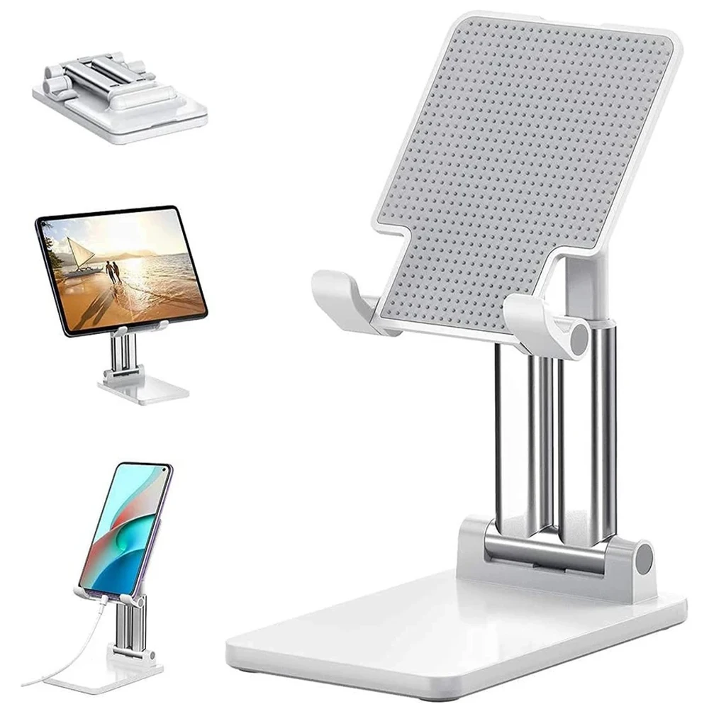 Suporte Dobrável Ajustável Universal para Celular e Tablet Preto e Branco para Mesa e Cama Estável