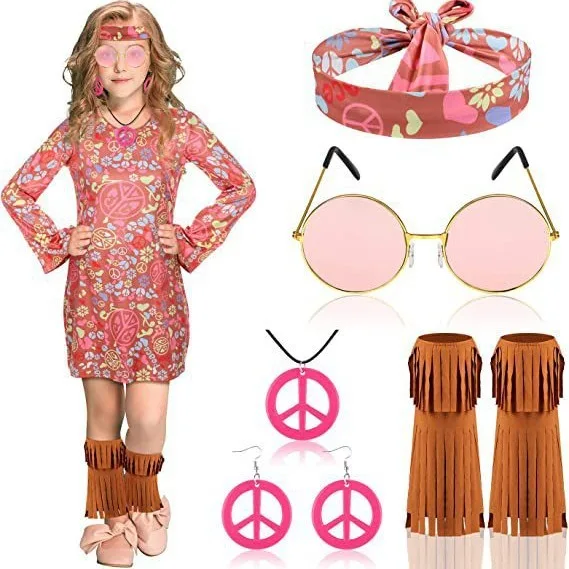 Halloween Kinderen Hippie Pak Vintage Fashion Party Mini Jurk Meisje Hiphop Hippie Accessoires Vakantie Feest Cosplay Kostuum