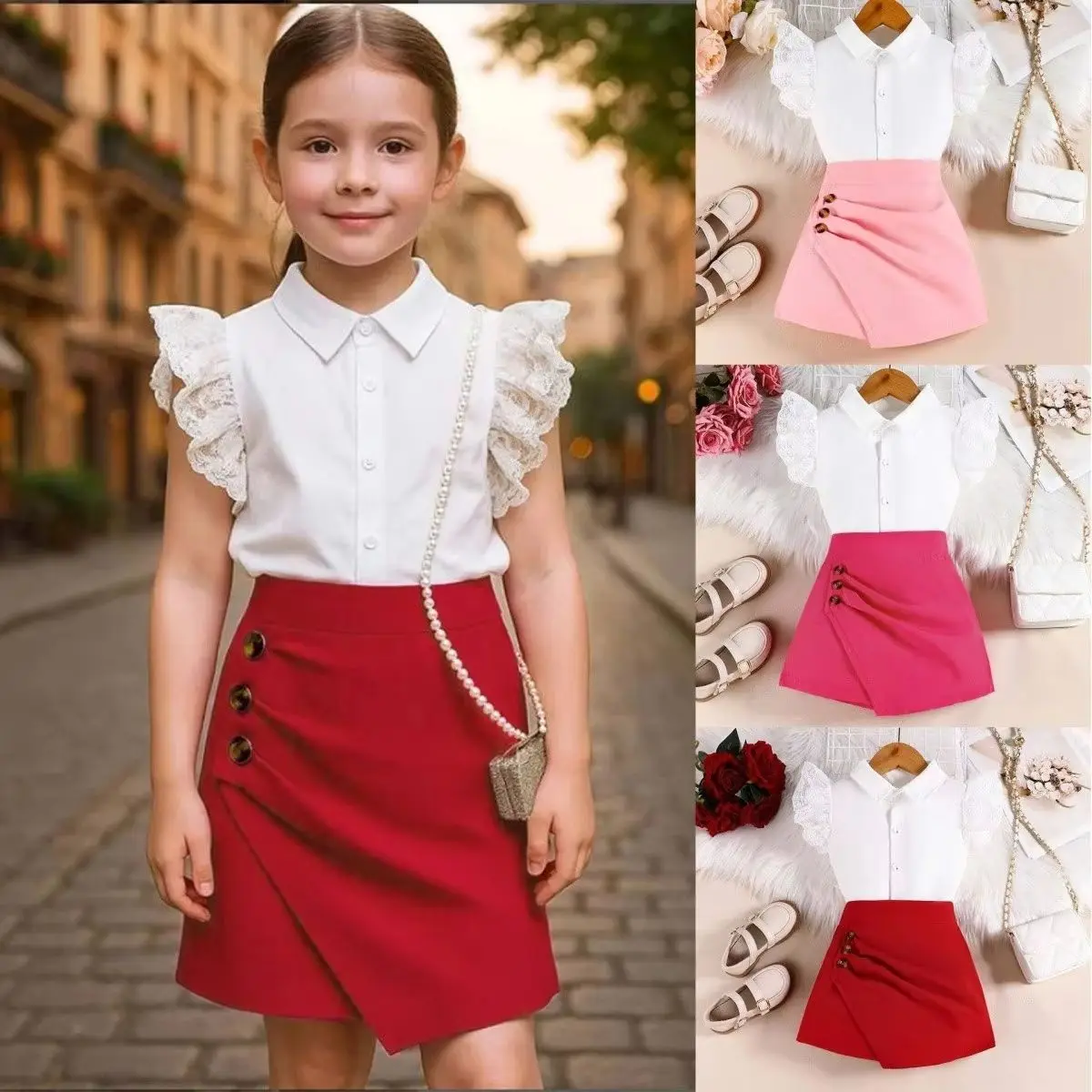

Girls' set summer new style children's lapel lace flying sleeve shirt top irregular skirt pants two-piece set