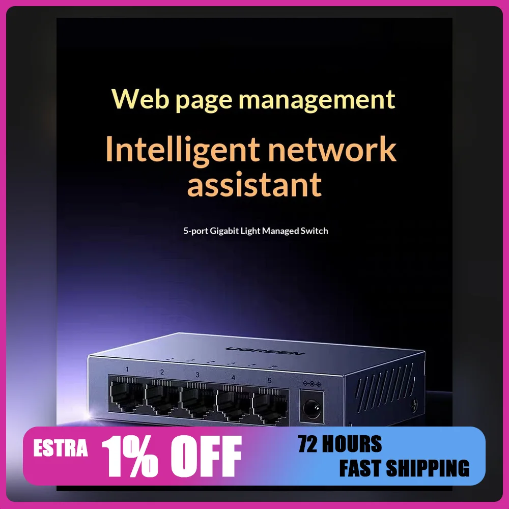 UGREEN 65956 CM933 5-Port Gigabit Ethernet Switch with Web Management VLAN Fanless Metal Housing.