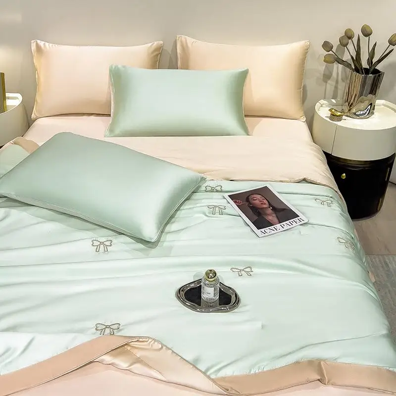 Washable Ice Silk Summer Lightweight Quilt Set Air Conditioning Bedding Durable Polyester Fiber Thin Cool Sensation Cover Fou...