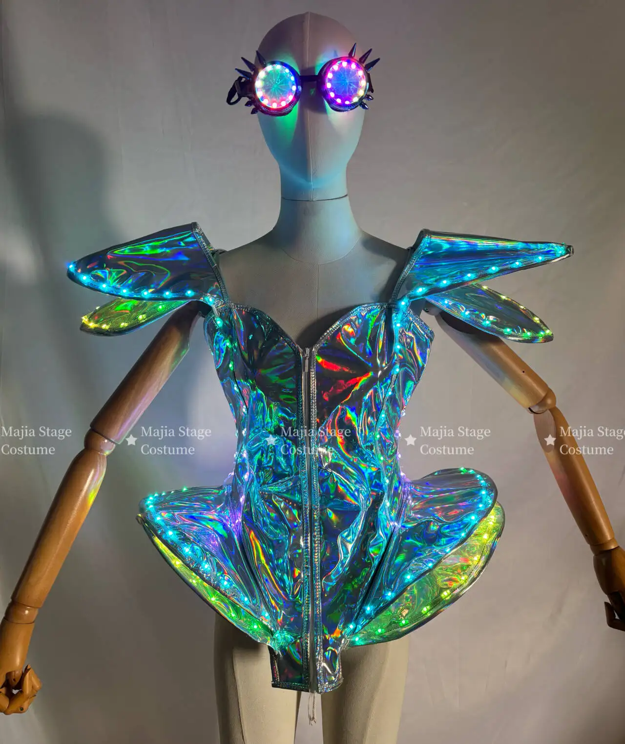 مثير المرأة LED الليزر الأبيض زي قطعة واحدة مرحلة الأداء DS الرقص ارتداءها ملهى ليلي Gogo فستان فقاعة صغيرة LED