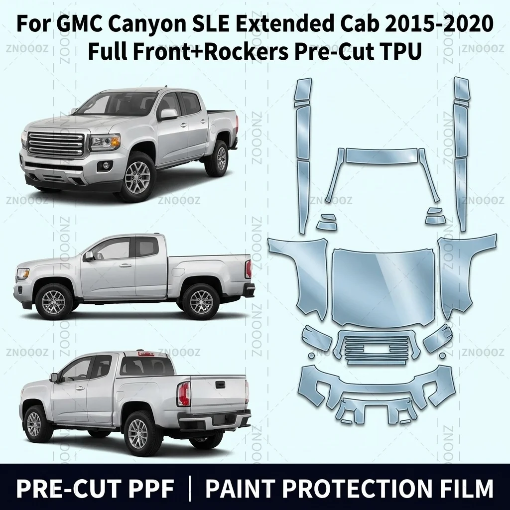 For GMC Canyon SLE Extended Cab 2015-2020 Full Front+Rockers Pre-Cut TPU PPF Kit, Glossy Clear, Self Healing Anti Yellowing