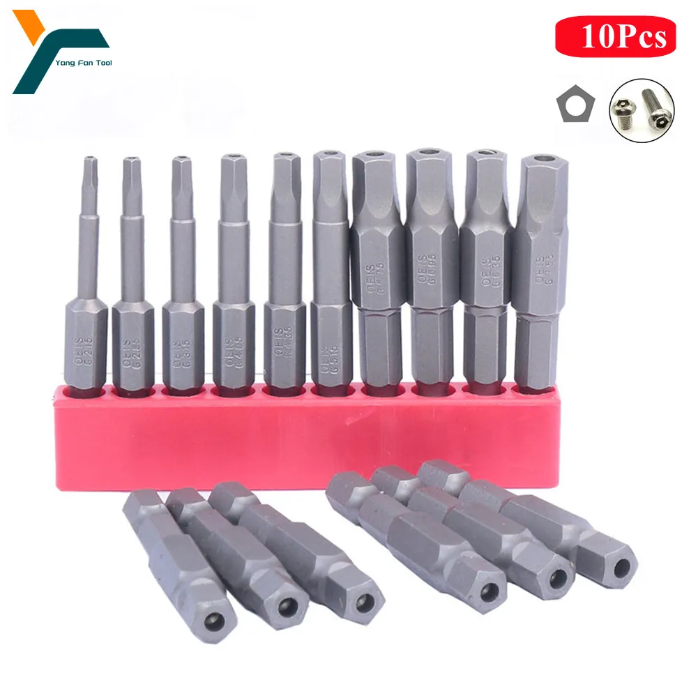 10Pcs Pentagonal Screwdriver Bit With Hole 1/4\'\' Shank Hex 50mm Wrench Magnetic Socket Hand Electric Screwdriver Wind Drill Head