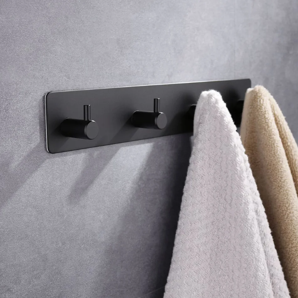 Adhesive Wall Hook Black 304 Stainless Steel 2 3 4 6 Row Bathroom Hooks Robe Coat Clothes Towel Door Holder Storage Hanger