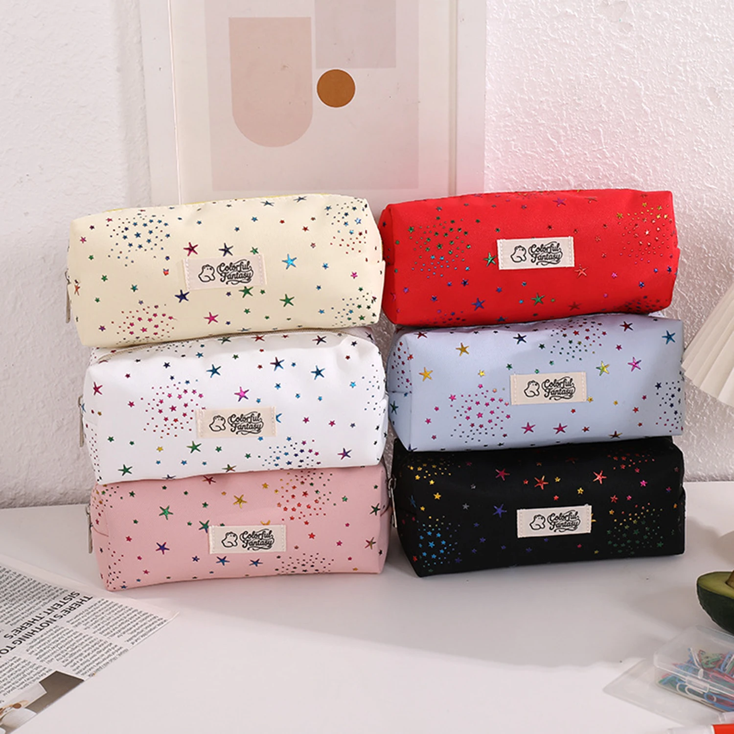 Cute Hot Stamping Star Canvas Pencil Case Multi Color Zipper Stationery Pouch Mini Makeup Bag For Girls School Desktop Organizer