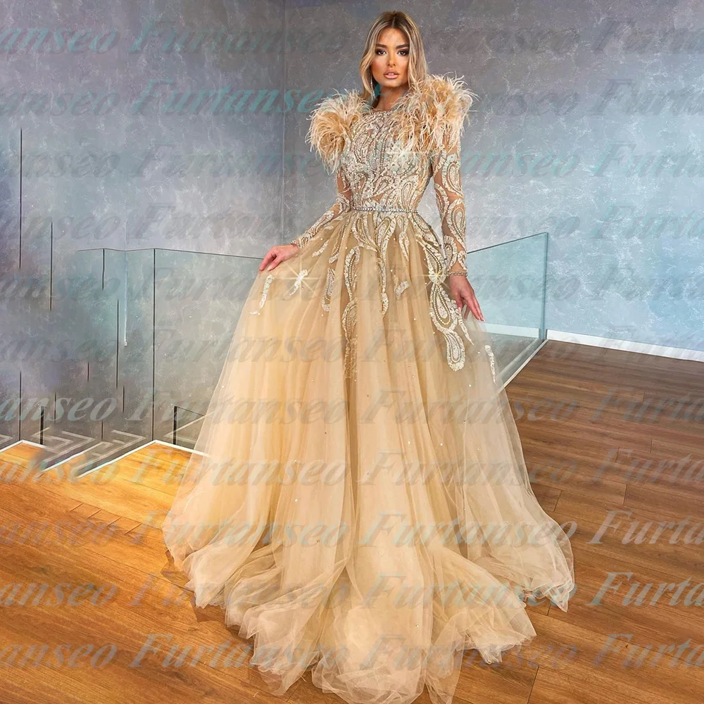 Furtanseo Modest Evening Dresses Champagne Lace Beaded Illusion Full Sleeves Feather One Shoulder A-line Long Prom Gowns 2023