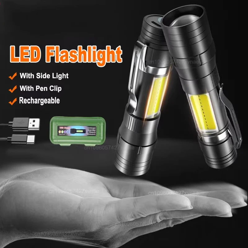 Rechargeable LED Flashlight with Pen Clip Zoomable Waterproof Torch with Side Light Outdoor Camping Emergency Lantern
