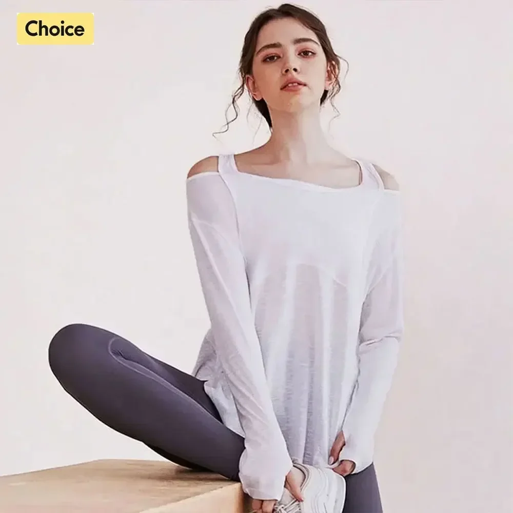 Camisas de Yoga de manga larga para mujer, Camiseta deportiva holgada, Top corto, ropa deportiva para mujer, ropa deportiva para gimnasio, ropa de