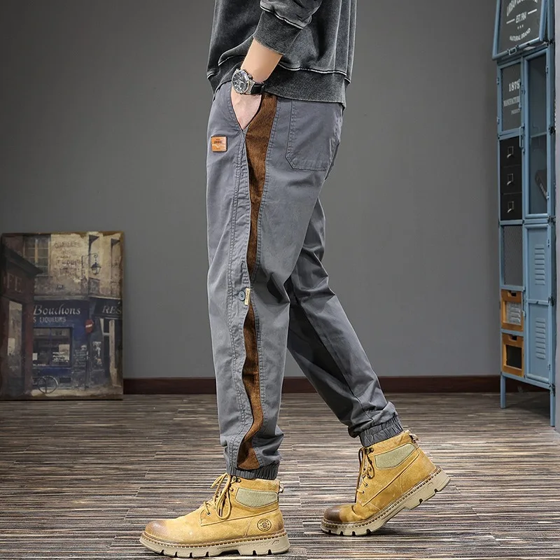 

Men's Cargo Pants Mid Waist Stylish Drawstring Design Multi Pocket Black Joggers Cotton Casual Male Trousers Straight Oversize