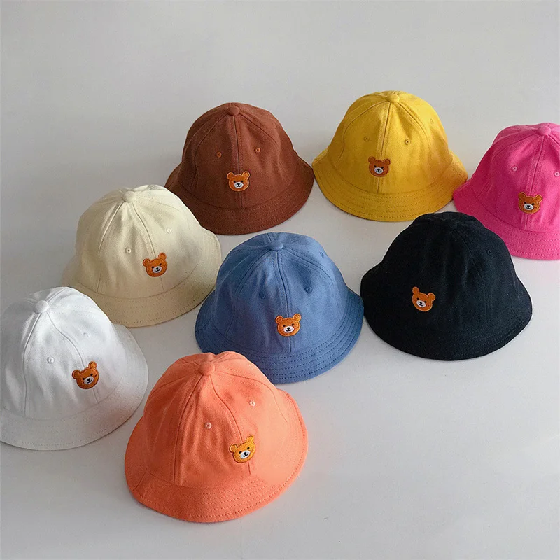 Cartoon Bear Baby Bucket Hat Embroidery Soft Girl Boy Fisherman Cap Spring Summer Infant Toddler Sun Hat