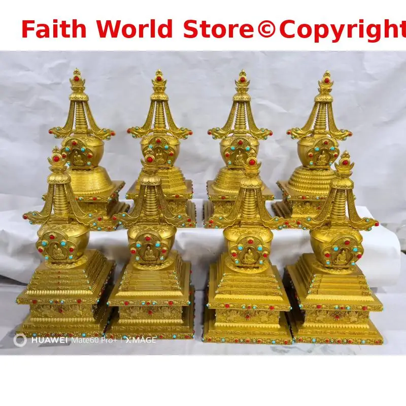 A set 8P Wholesale Buddhist projects Rare pagoda Buddhist Pagoda Buddhist Temples altar worship Boutique copper Buddha item