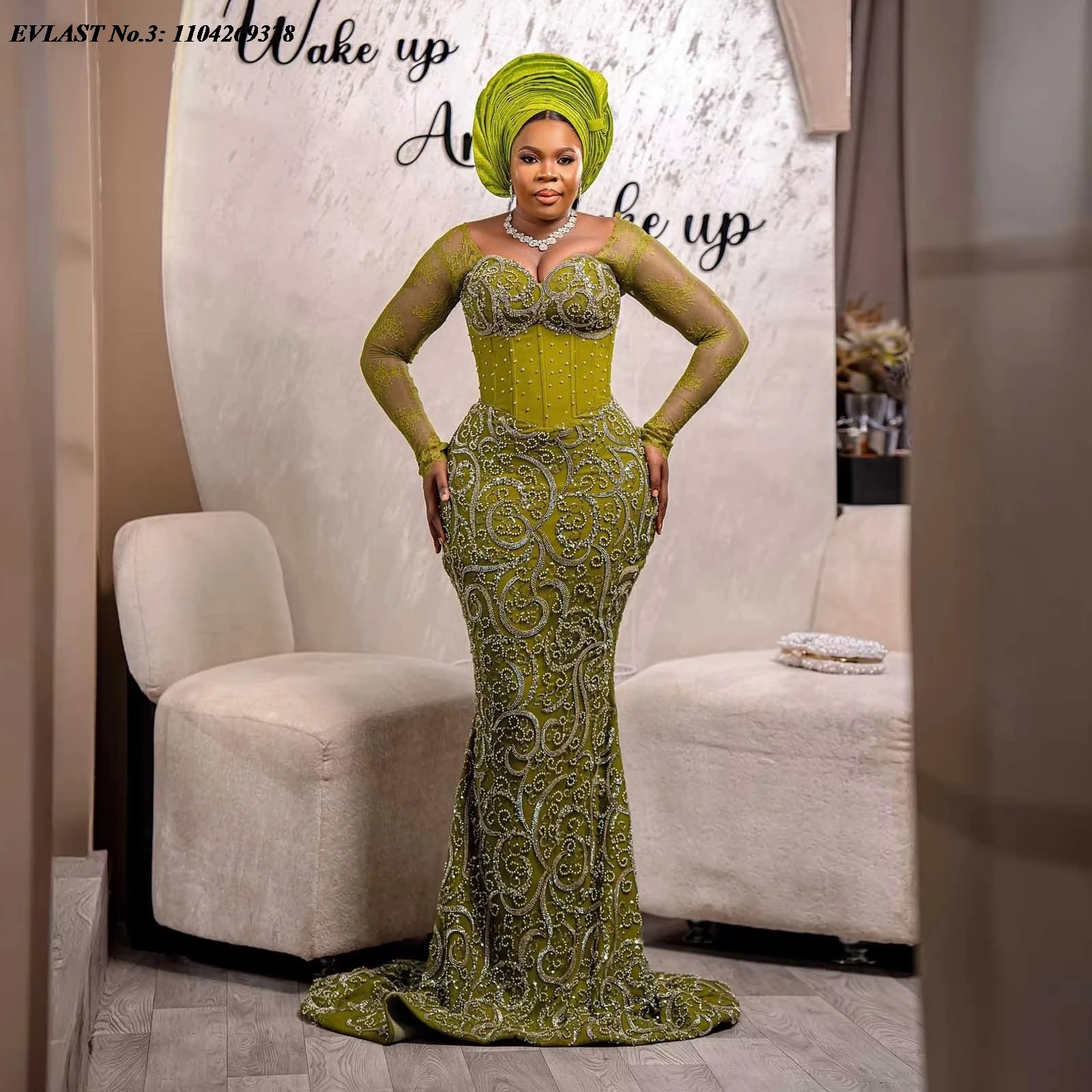 

EVLAST индивидуальное блестящее коричневое платье для выпускного вечера Aso Ebi с бисером, роскошное африканское кружевное вечернее платье русалки с бисером, вечернее платье E3P374